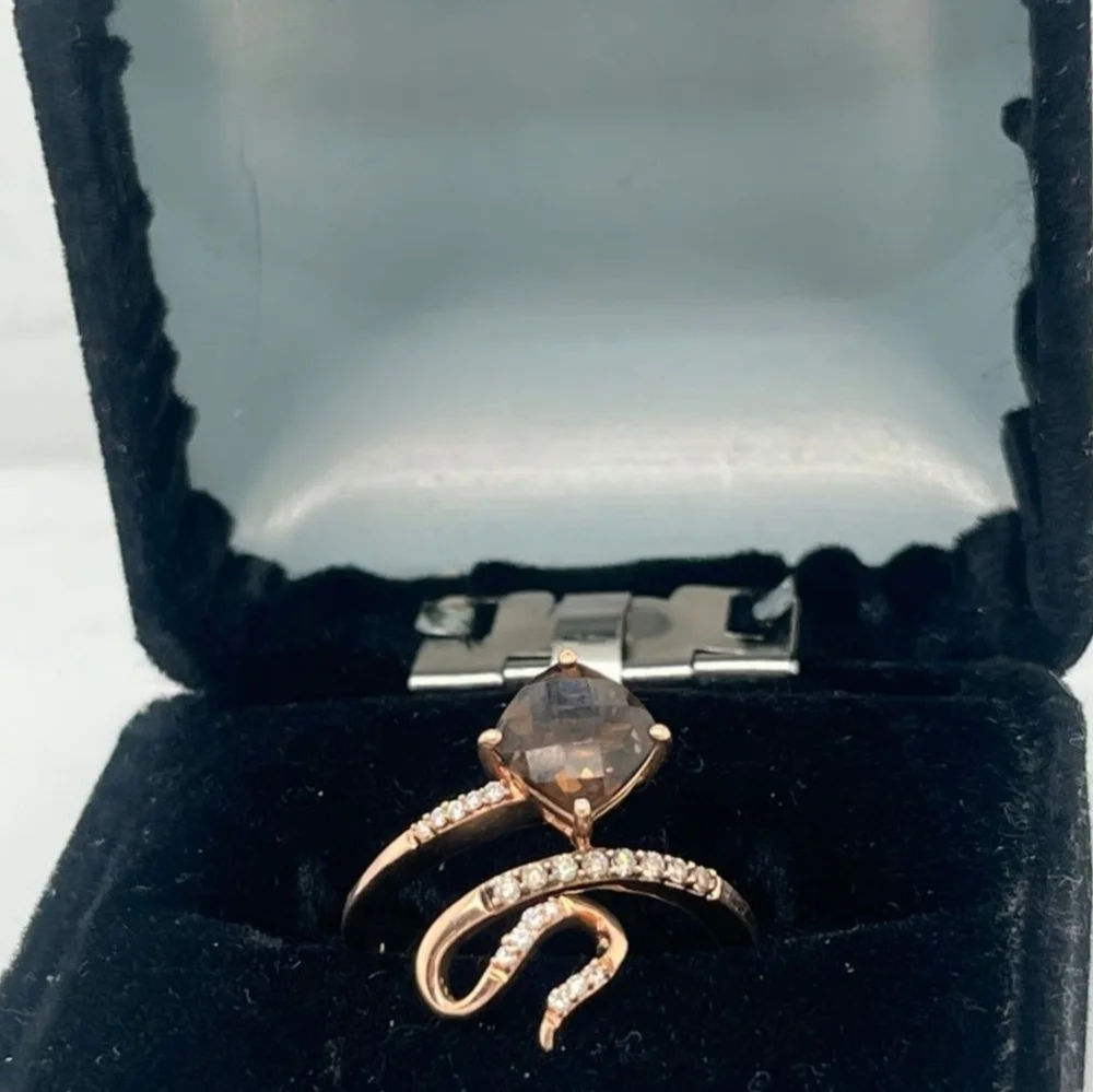 LeVian solid 14k genuine STRAWBERY GOLD/white diamonds/chocolate quartz ring - Picture 2 of 6